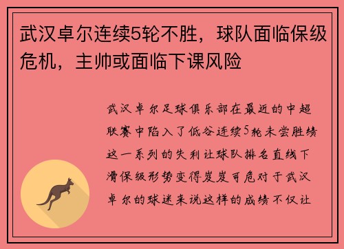 武汉卓尔连续5轮不胜，球队面临保级危机，主帅或面临下课风险