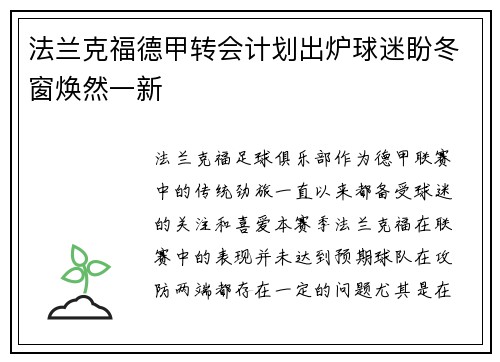 法兰克福德甲转会计划出炉球迷盼冬窗焕然一新